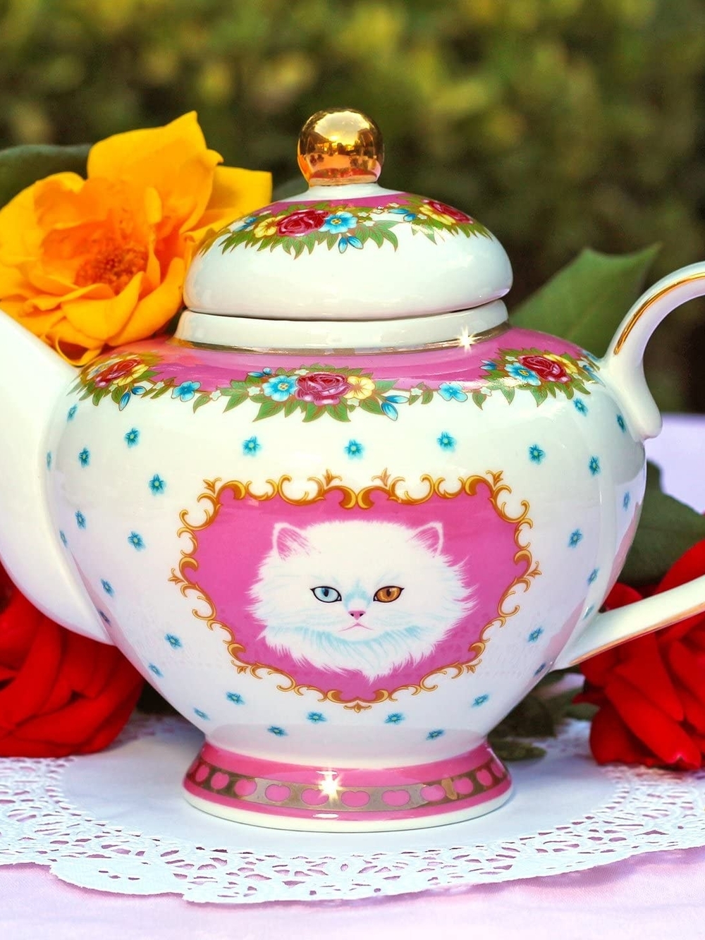 Poppy Angelfoff White Cat Porcelain Teapot with Pink & Gold Accents - Picture 2 of 2